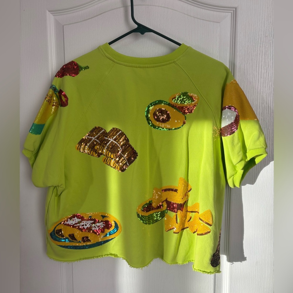 QUEEN OF SPARKLES Neon Lime Sequin Mexican Food Sweatshirt Top - Picture 2 of 5